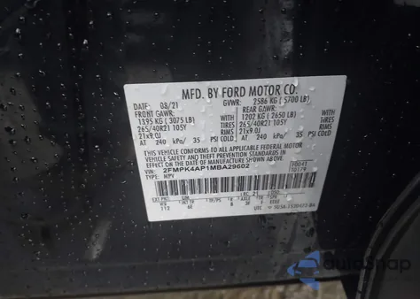 2021 Ford Edge St из США, поврежденный, VIN 2FMPK4AP1MBA29602